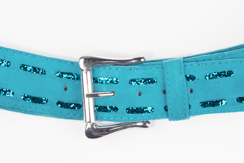 Turquoise blue women's dress belt, matching pumps and bags. Made to measure. Front view - Florence KOOIJMAN